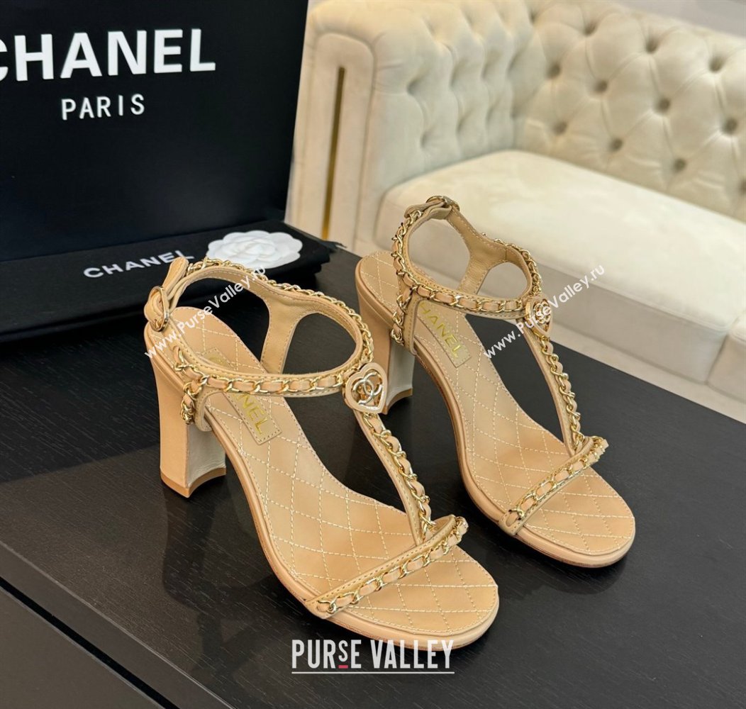 Chanel Lambskin Heel Sandals 8.5cm with Chain and Heart G46109 Beige 2024 (SS-240102062)