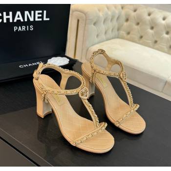 Chanel Lambskin Heel Sandals 8.5cm with Chain and Heart G46109 Beige Yellow 2024 (SS-240102062)