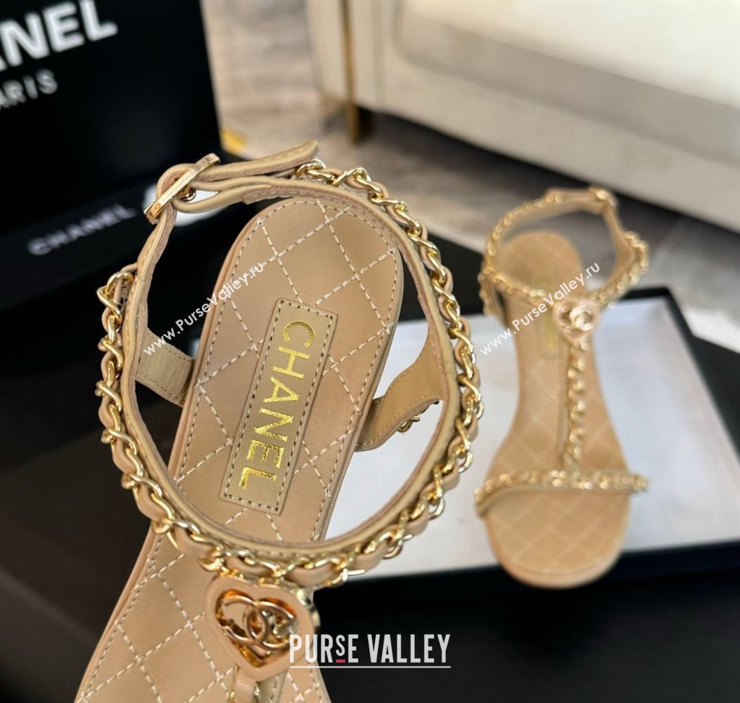 Chanel Lambskin Heel Sandals 8.5cm with Chain and Heart G46109 Beige Yellow 2024 (SS-240102062)