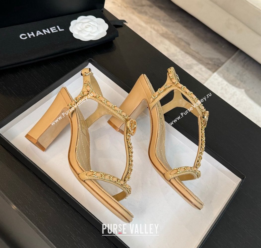 Chanel Lambskin Heel Sandals 8.5cm with Chain and Heart G46109 Beige Yellow 2024 (SS-240102062)