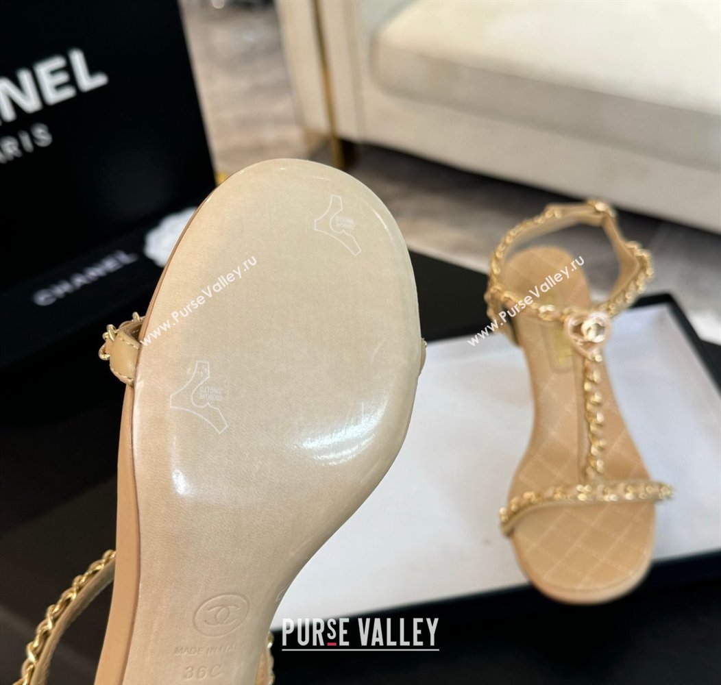 Chanel Lambskin Heel Sandals 8.5cm with Chain and Heart G46109 Beige Yellow 2024 (SS-240102062)
