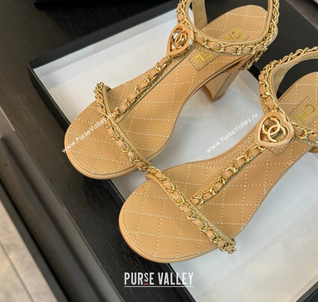 Chanel Lambskin Heel Sandals 8.5cm with Chain and Heart G46109 Beige Yellow 2024 (SS-240102062)