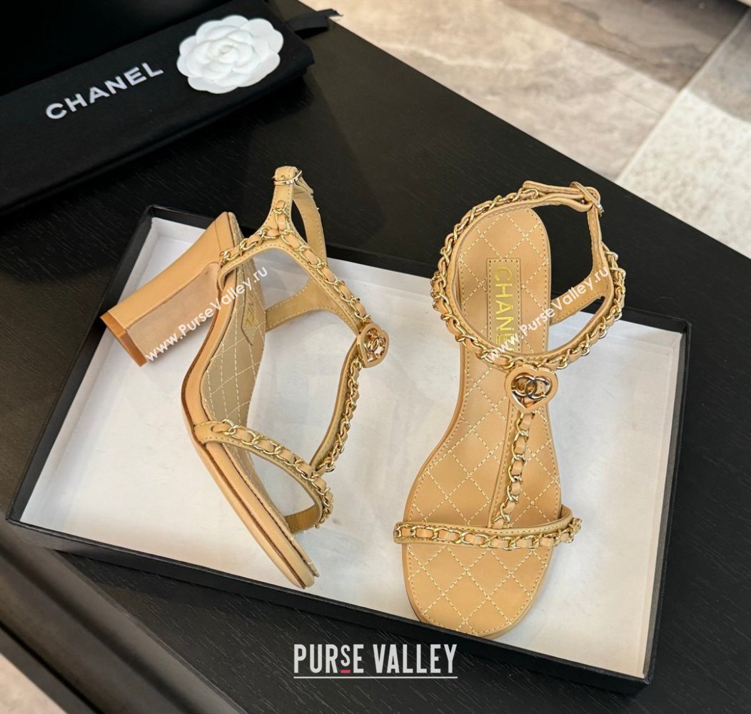 Chanel Lambskin Heel Sandals 8.5cm with Chain and Heart G46109 Beige 2024 (SS-240102062)