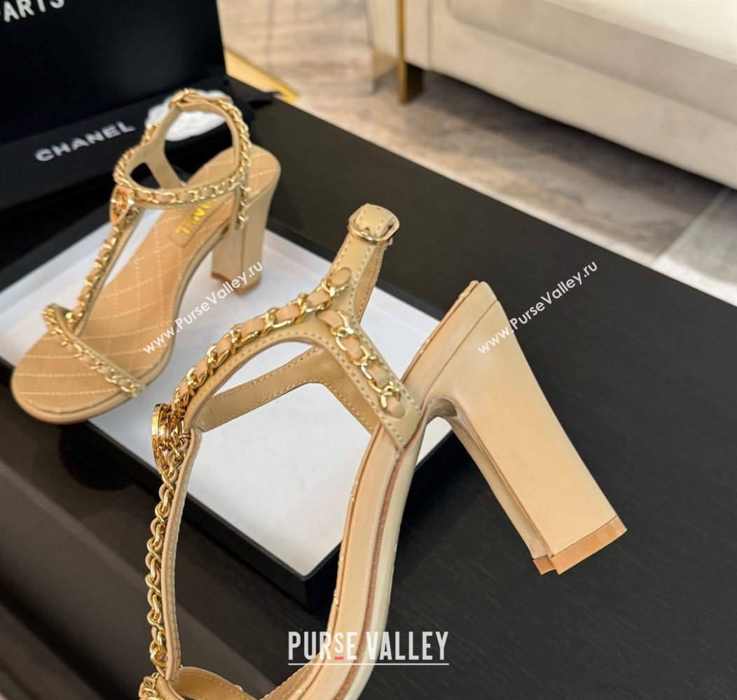 Chanel Lambskin Heel Sandals 8.5cm with Chain and Heart G46109 Beige Yellow 2024 (SS-240102062)