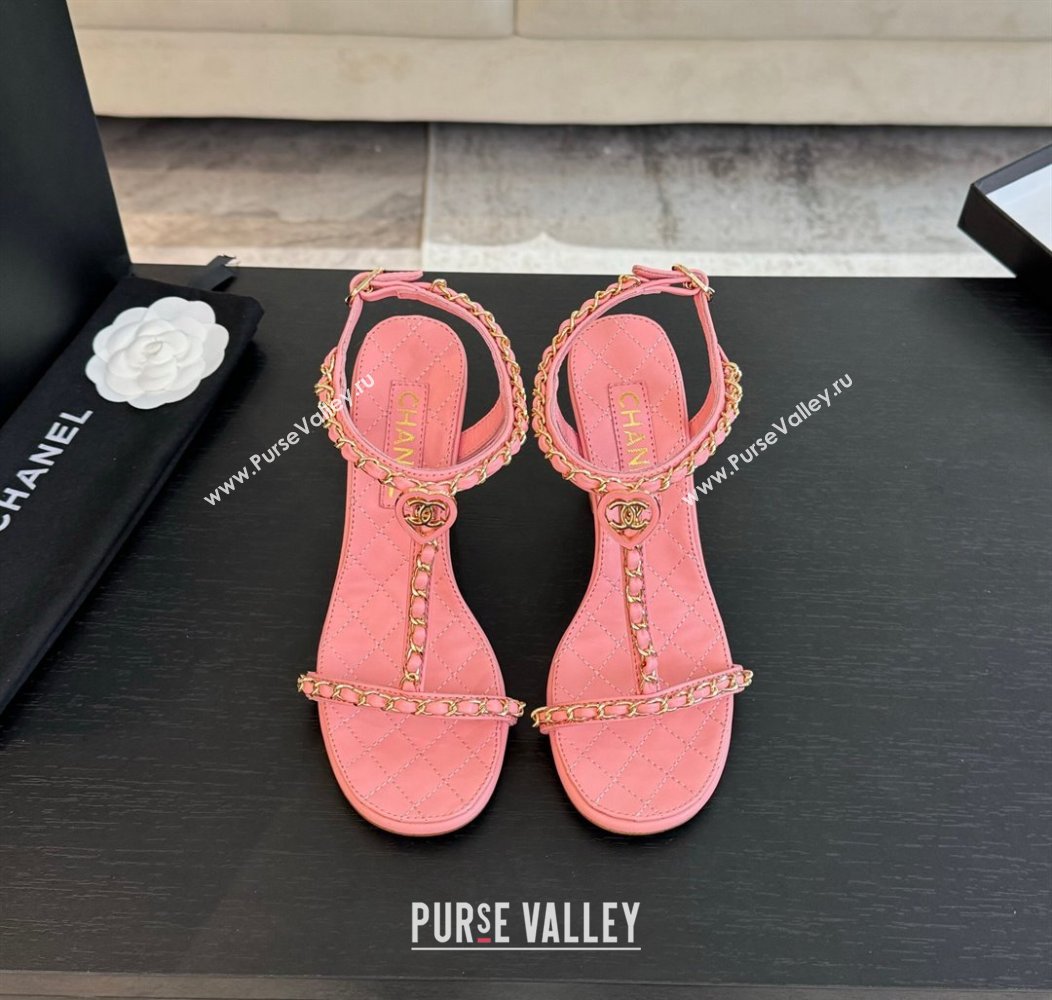 Chanel Lambskin Heel Sandals 8.5cm with Chain and Heart G46109 Pink 2024 (SS-240102063)