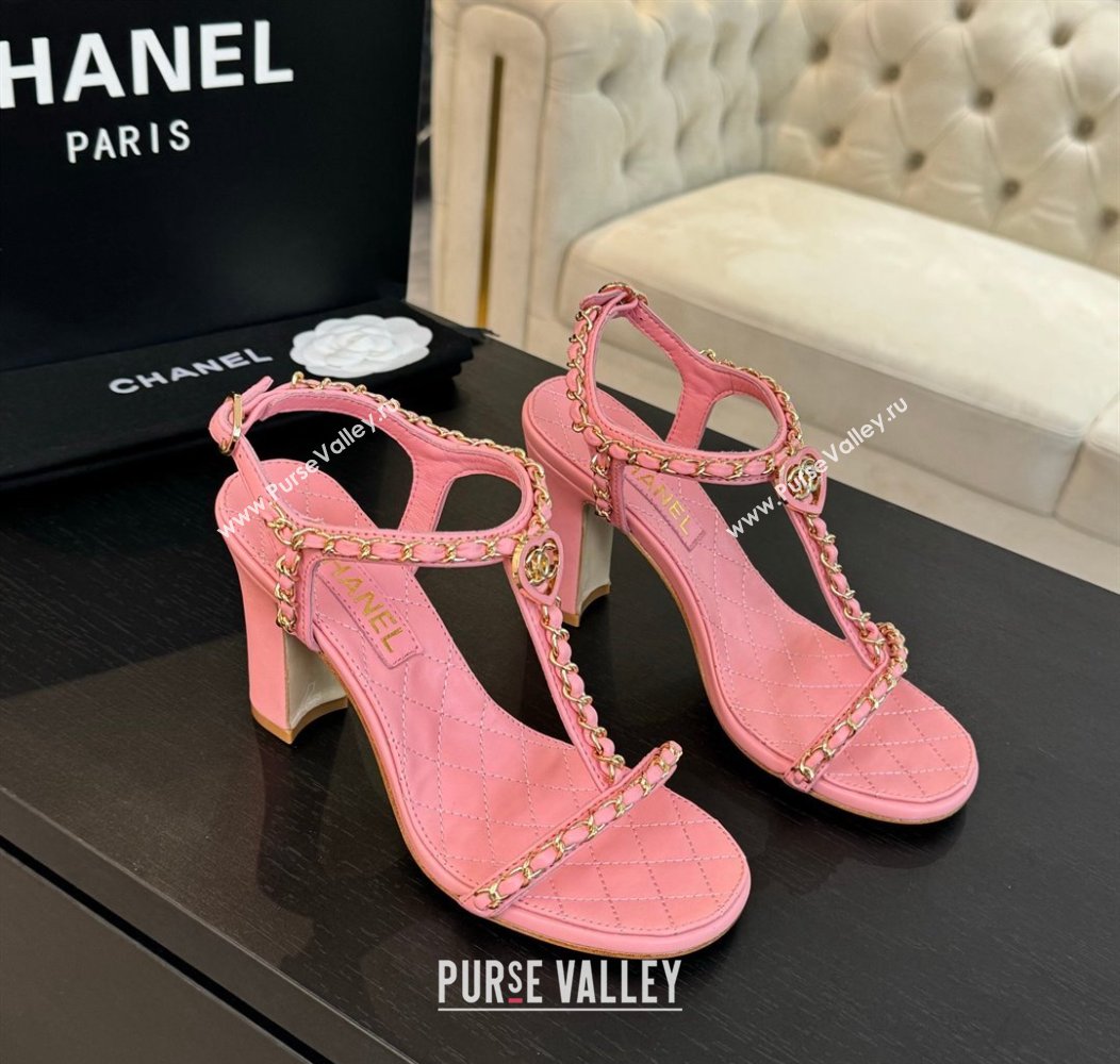 Chanel Lambskin Heel Sandals 8.5cm with Chain and Heart G46109 Pink 2024 (SS-240102063)