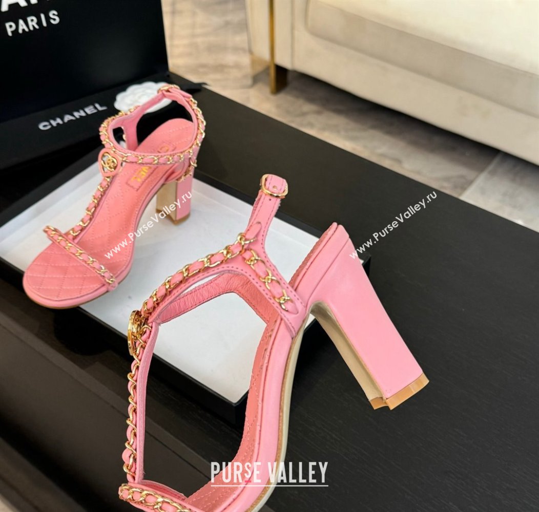 Chanel Lambskin Heel Sandals 8.5cm with Chain and Heart G46109 Pink 2024 (SS-240102063)