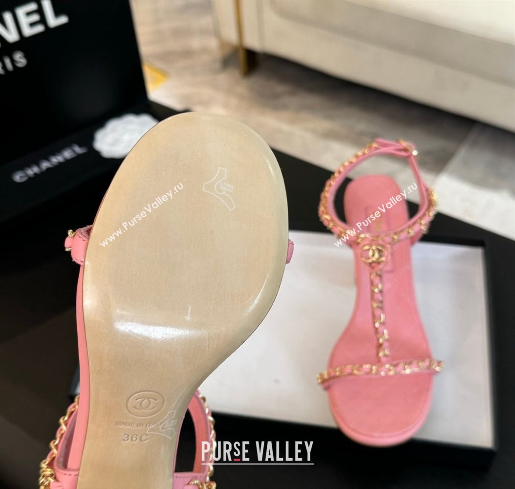 Chanel Lambskin Heel Sandals 8.5cm with Chain and Heart G46109 Pink 2024 (SS-240102063)