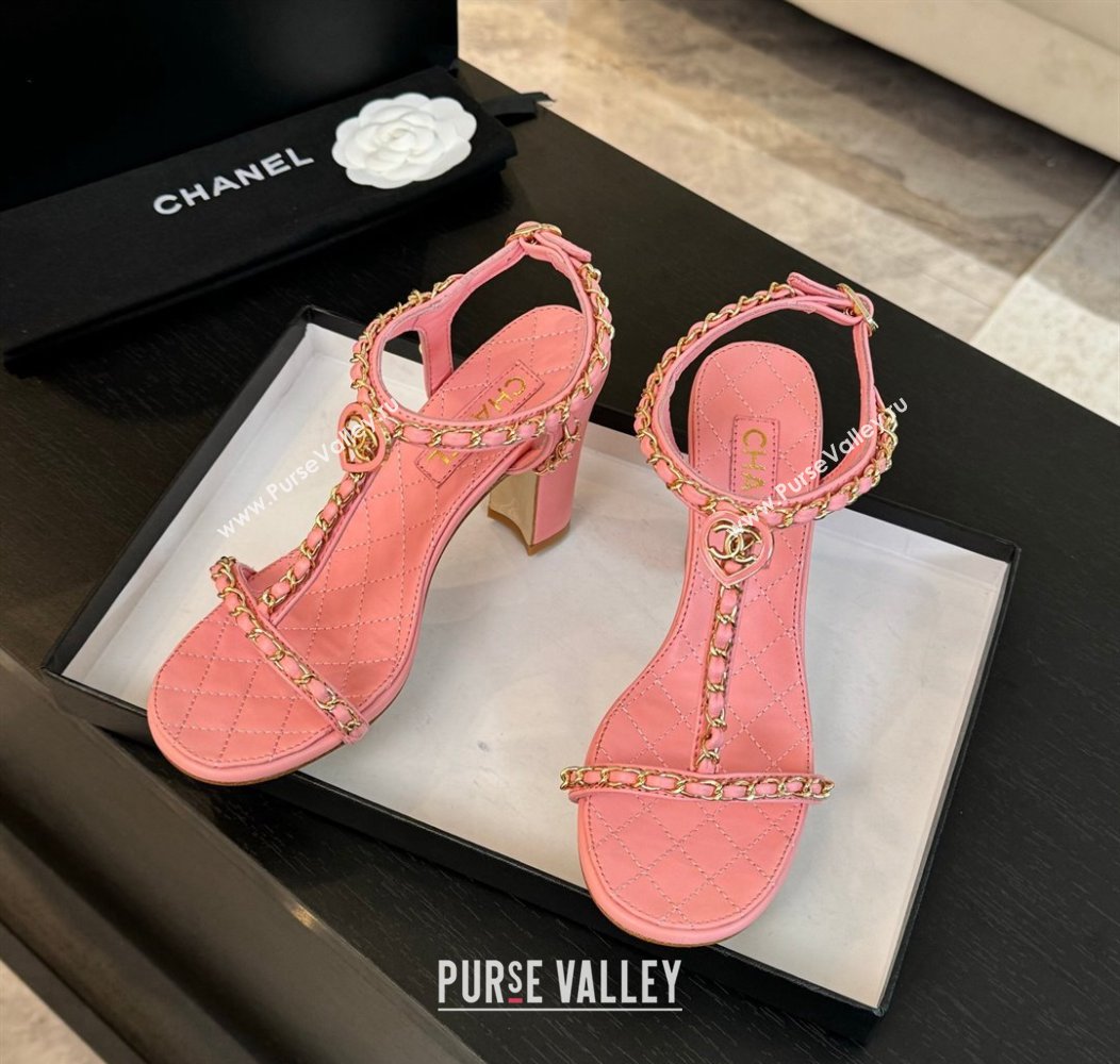 Chanel Lambskin Heel Sandals 8.5cm with Chain and Heart G46109 Pink 2024 (SS-240102063)