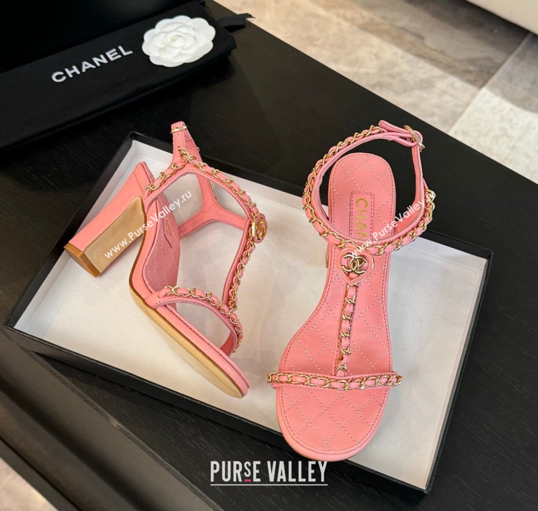 Chanel Lambskin Heel Sandals 8.5cm with Chain and Heart G46109 Pink 2024 (SS-240102063)