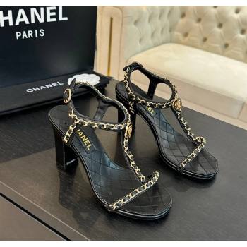 Chanel Lambskin Heel Sandals 8.5cm with Chain and Heart G46109 Black 2024 (SS-240102064)