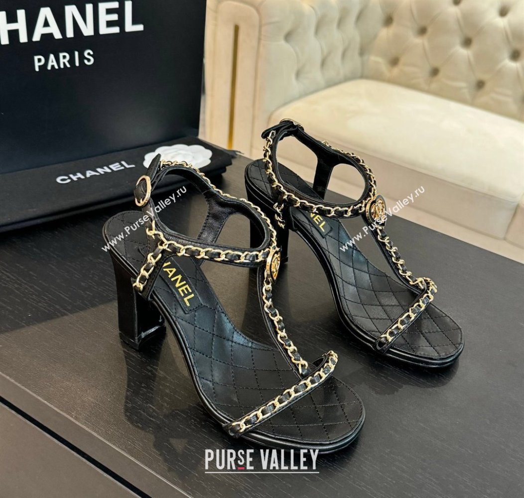 Chanel Lambskin Heel Sandals 8.5cm with Chain and Heart G46109 Black 2024 (SS-240102064)