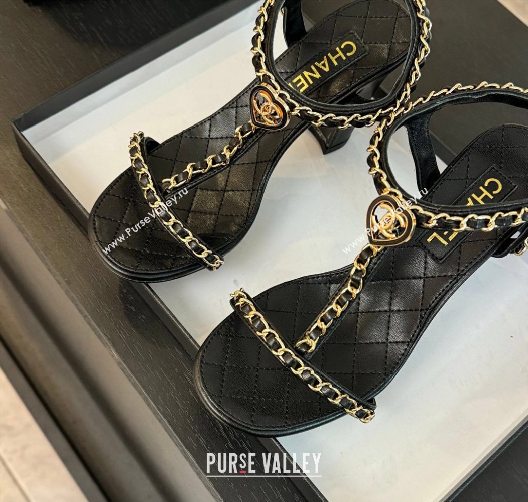 Chanel Lambskin Heel Sandals 8.5cm with Chain and Heart G46109 Black 2024 (SS-240102064)