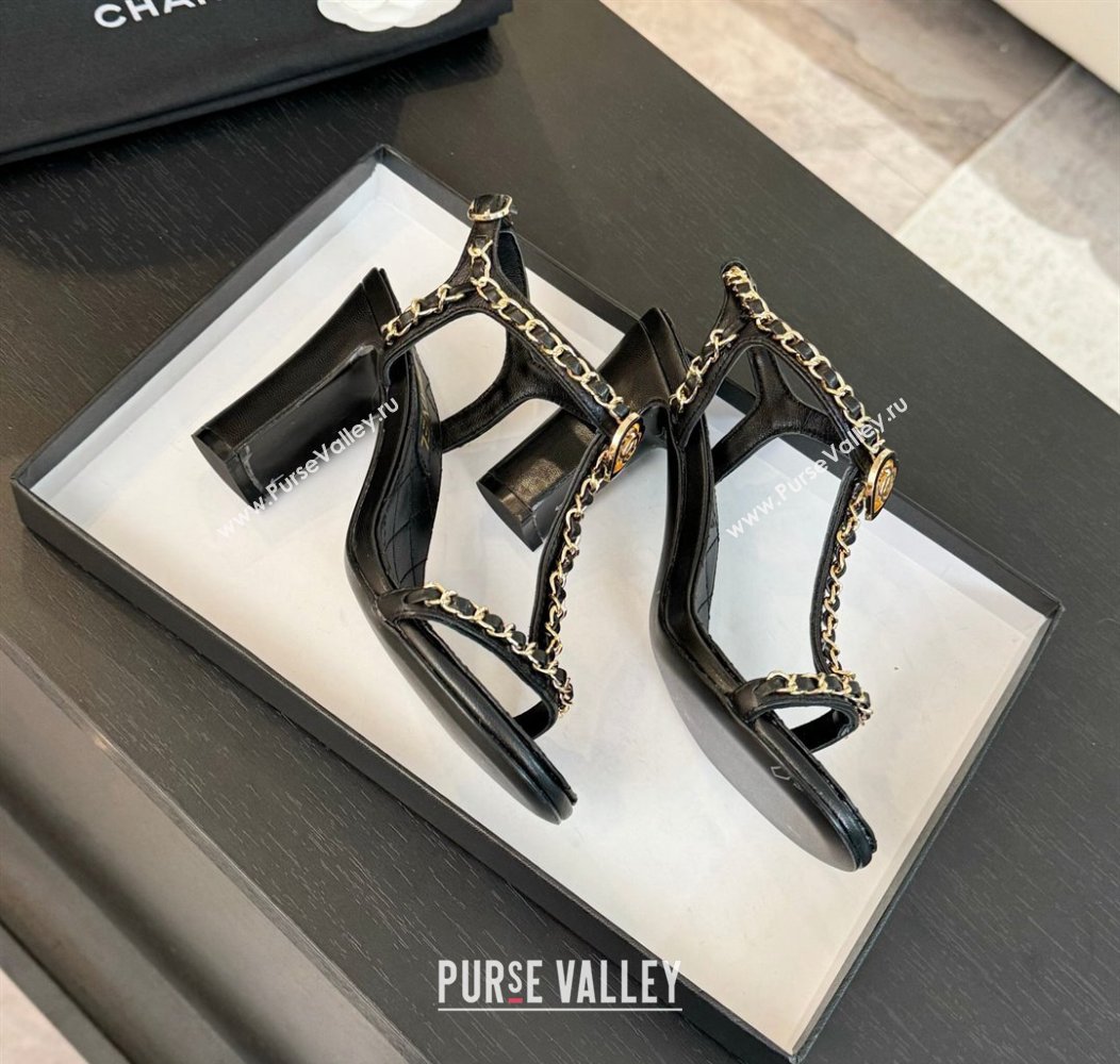 Chanel Lambskin Heel Sandals 8.5cm with Chain and Heart G46109 Black 2024 (SS-240102064)