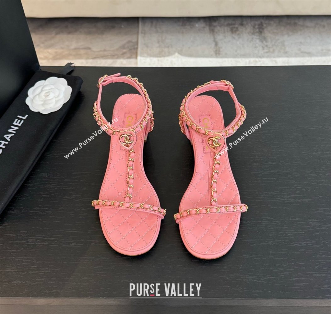 Chanel Lambskin Heel Sandals 4.5cm with Chain and Heart G46109 Pink 2024 (SS-240102065)