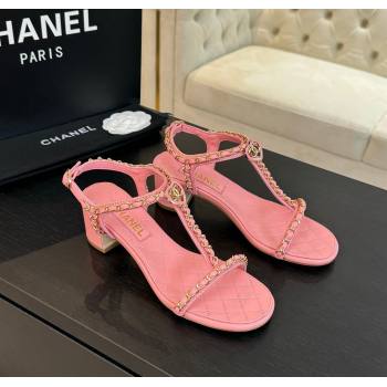 Chanel Lambskin Heel Sandals 4.5cm with Chain and Heart G46109 Pink 2024 (SS-240102065)