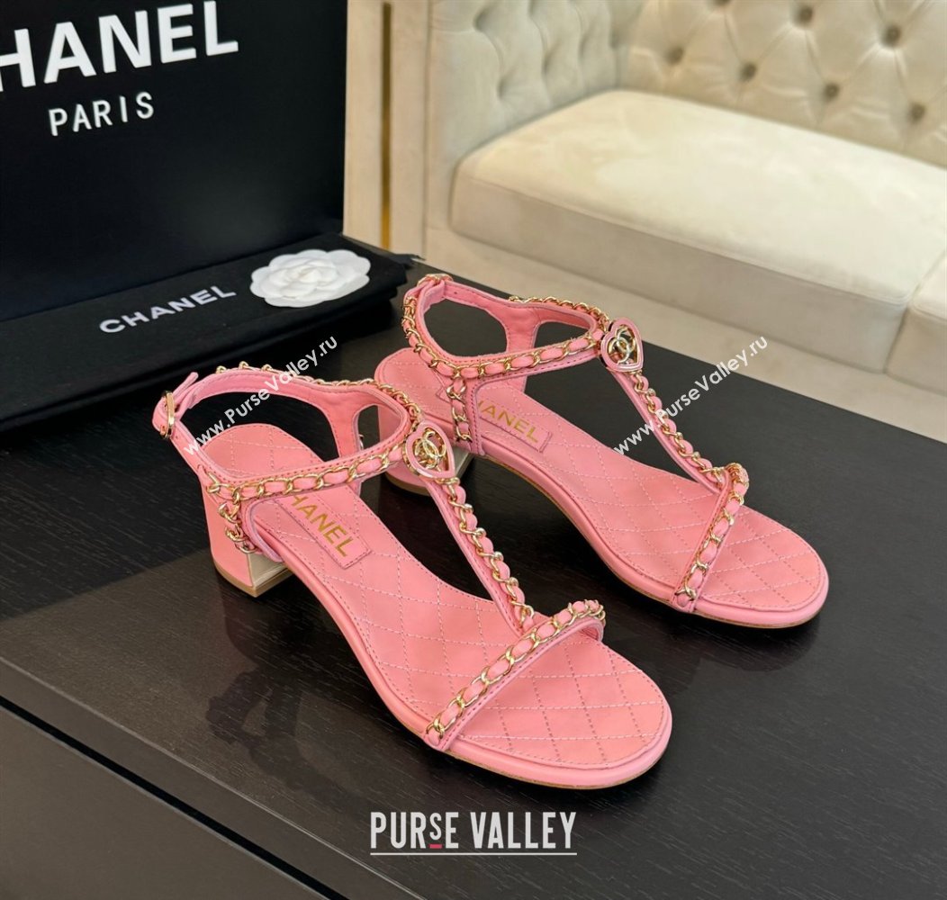 Chanel Lambskin Heel Sandals 4.5cm with Chain and Heart G46109 Pink 2024 (SS-240102065)