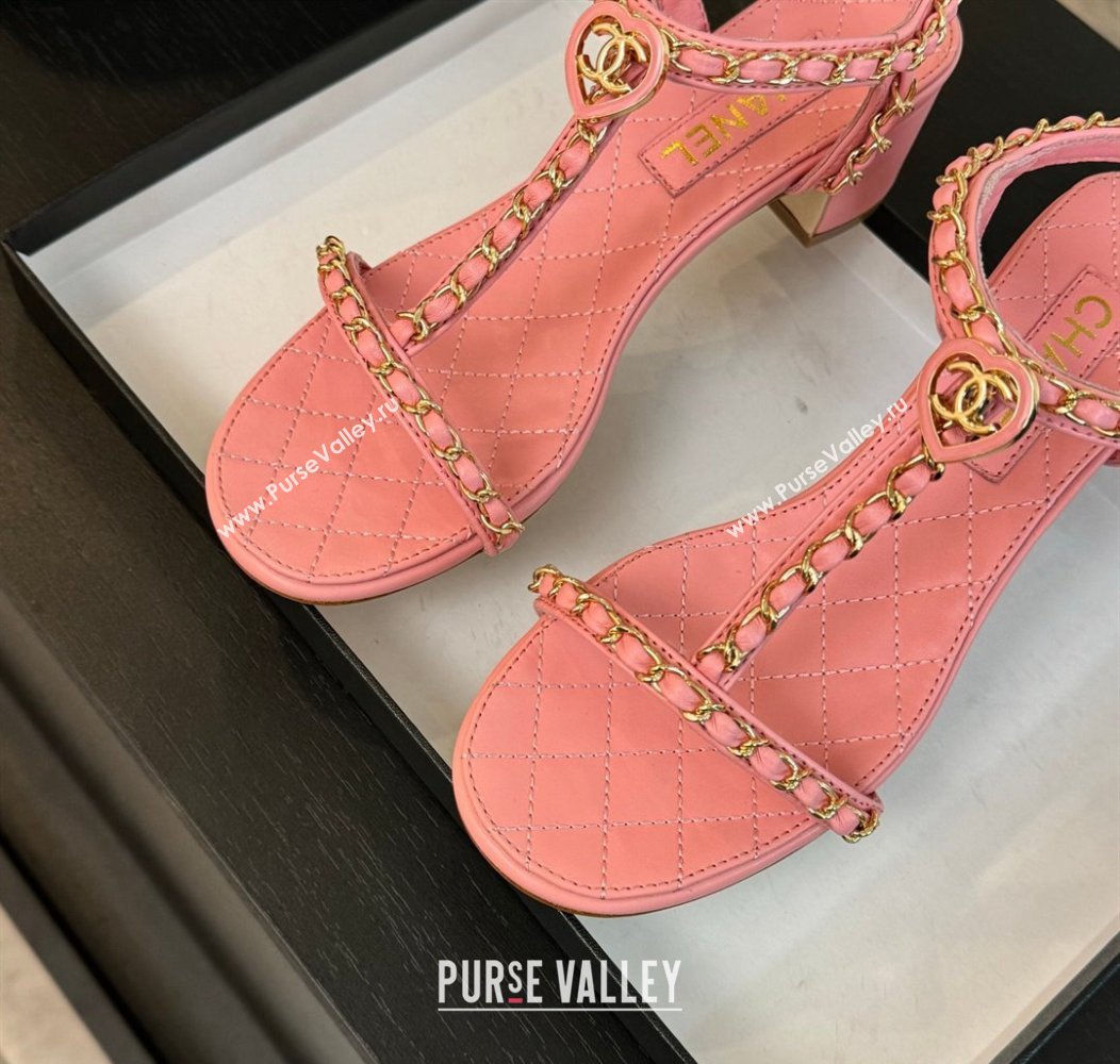 Chanel Lambskin Heel Sandals 4.5cm with Chain and Heart G46109 Pink 2024 (SS-240102065)