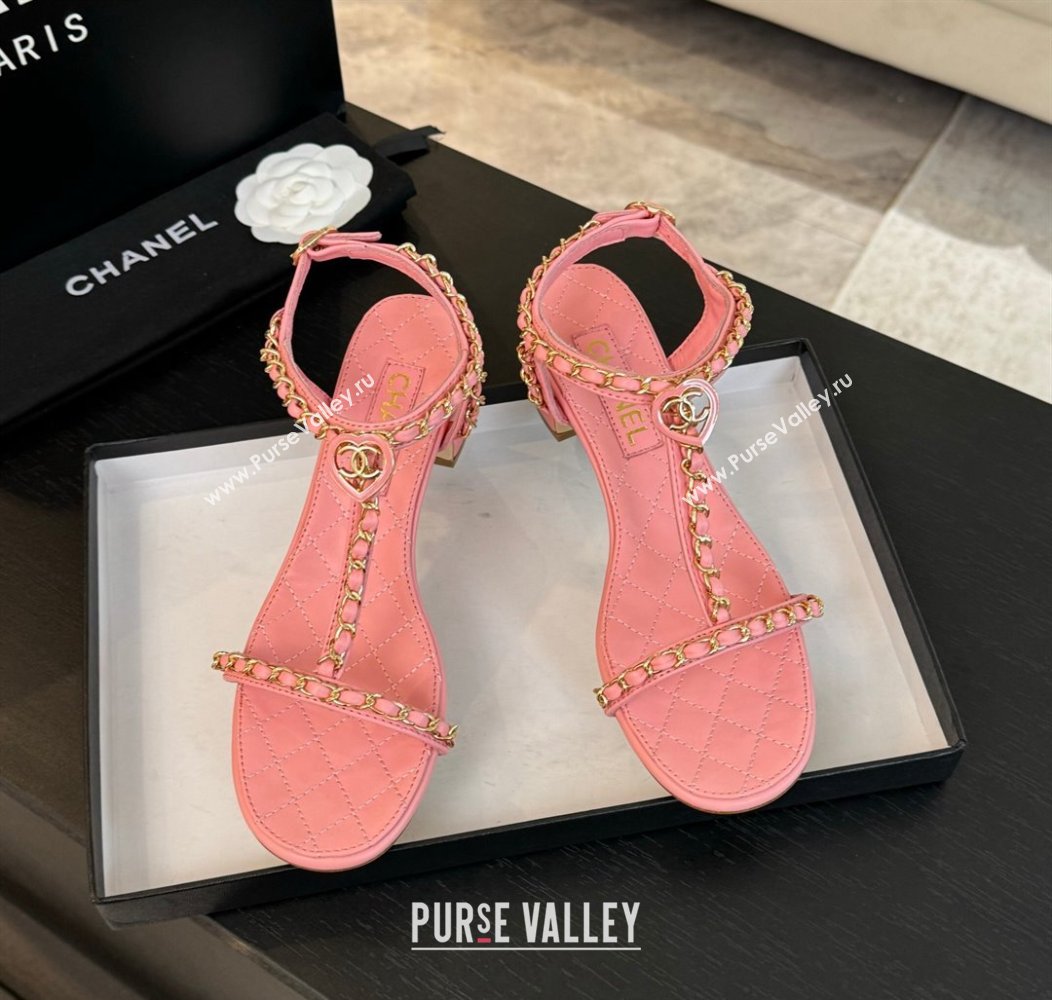 Chanel Lambskin Heel Sandals 4.5cm with Chain and Heart G46109 Pink 2024 (SS-240102065)