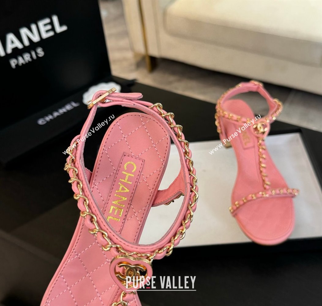 Chanel Lambskin Heel Sandals 4.5cm with Chain and Heart G46109 Pink 2024 (SS-240102065)