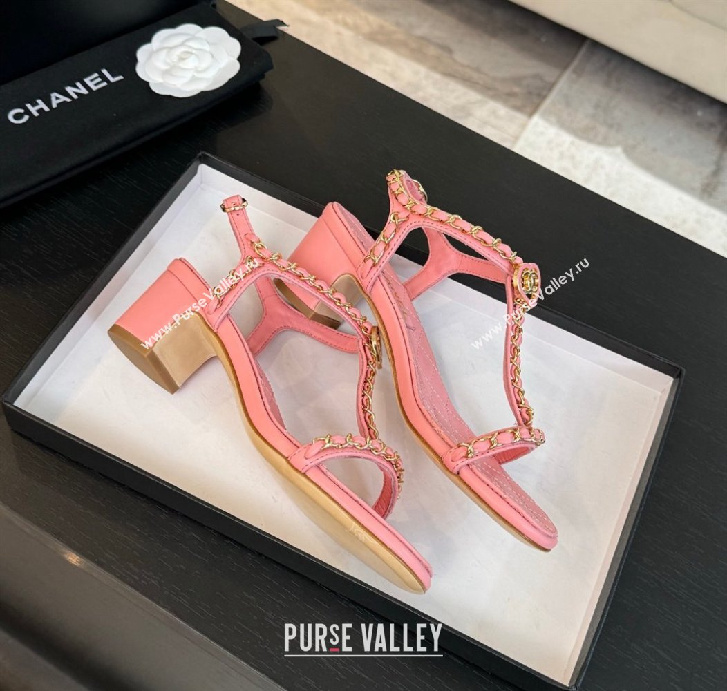 Chanel Lambskin Heel Sandals 4.5cm with Chain and Heart G46109 Pink 2024 (SS-240102065)