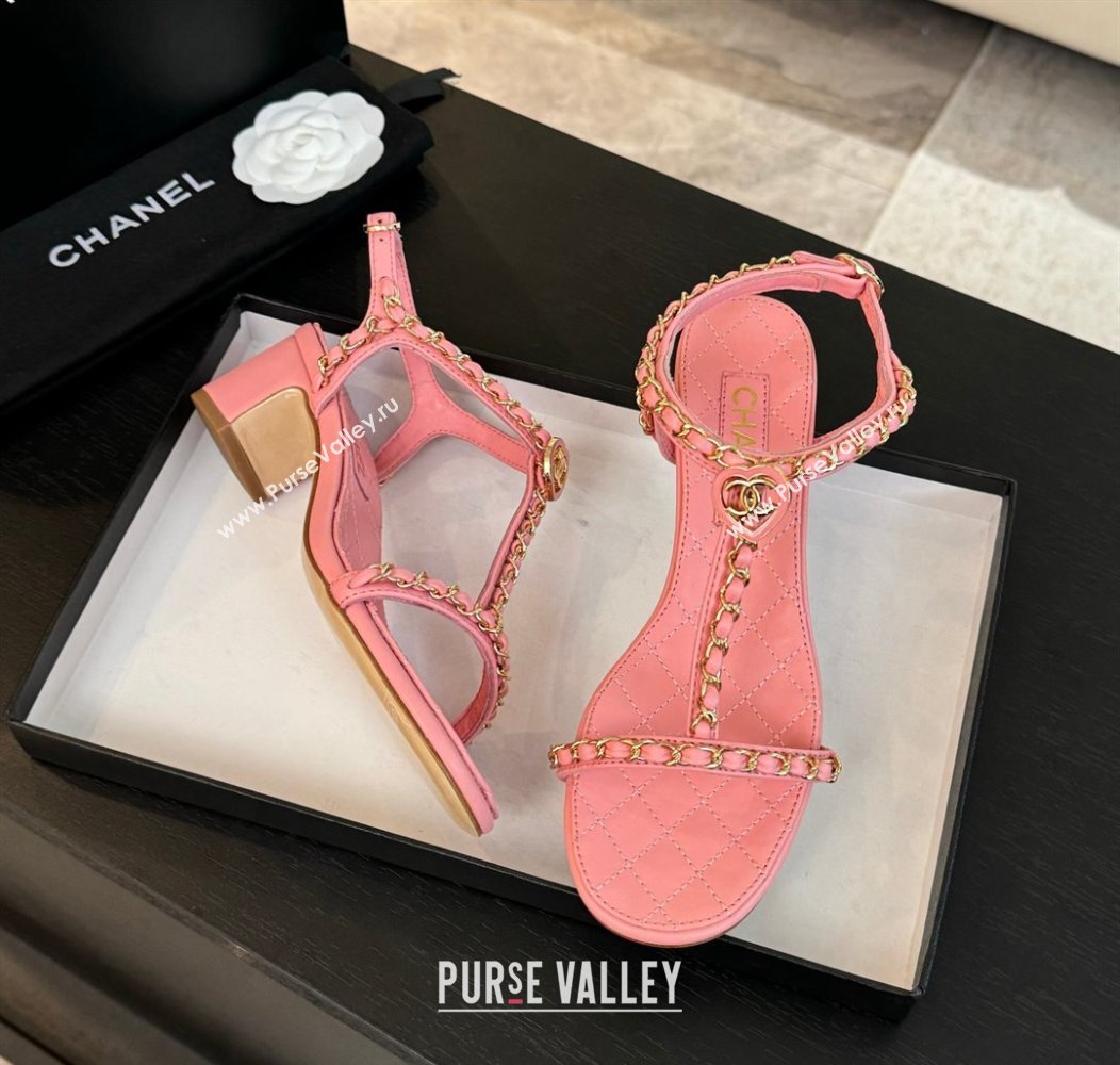 Chanel Lambskin Heel Sandals 4.5cm with Chain and Heart G46109 Pink 2024 (SS-240102065)