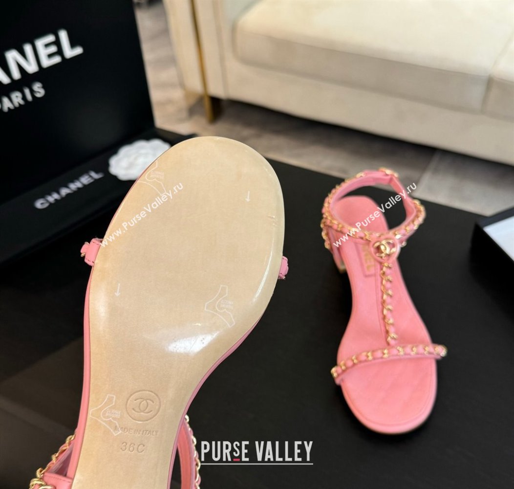 Chanel Lambskin Heel Sandals 4.5cm with Chain and Heart G46109 Pink 2024 (SS-240102065)