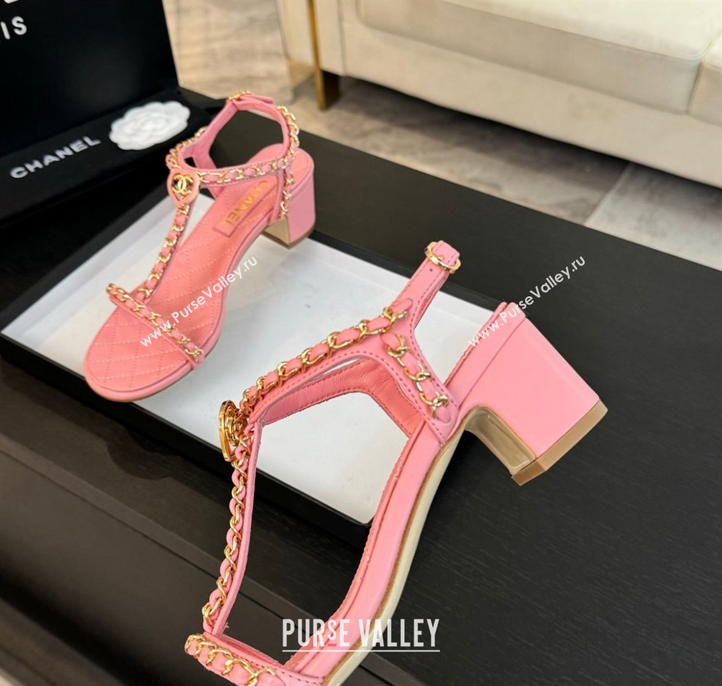 Chanel Lambskin Heel Sandals 4.5cm with Chain and Heart G46109 Pink 2024 (SS-240102065)