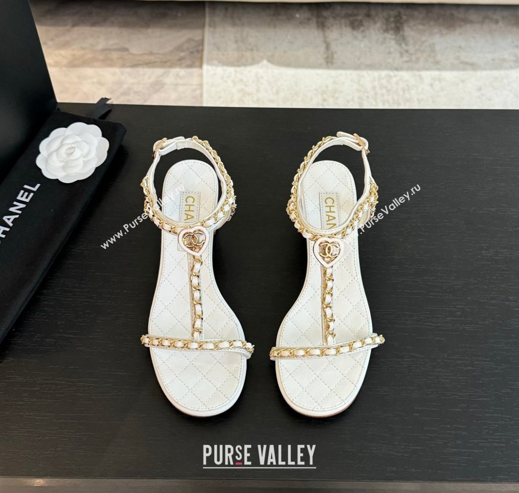 Chanel Lambskin Heel Sandals 4.5cm with Chain and Heart G46109 White 2024 (SS-240102067)