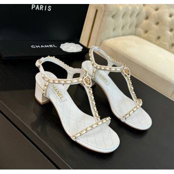 Chanel Lambskin Heel Sandals 4.5cm with Chain and Heart G46109 White 2024 (SS-240102067)