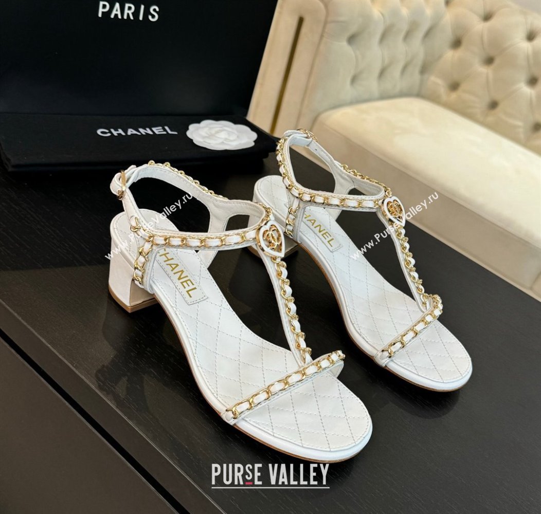 Chanel Lambskin Heel Sandals 4.5cm with Chain and Heart G46109 White 2024 (SS-240102067)