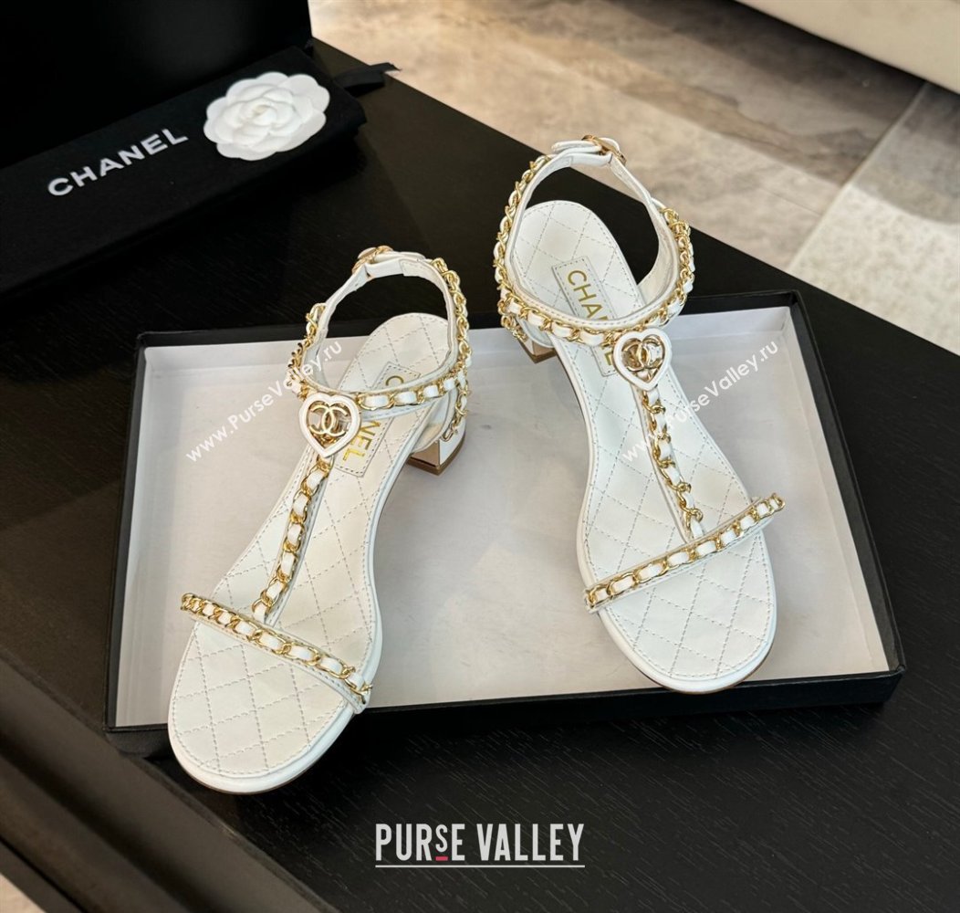 Chanel Lambskin Heel Sandals 4.5cm with Chain and Heart G46109 White 2024 (SS-240102067)