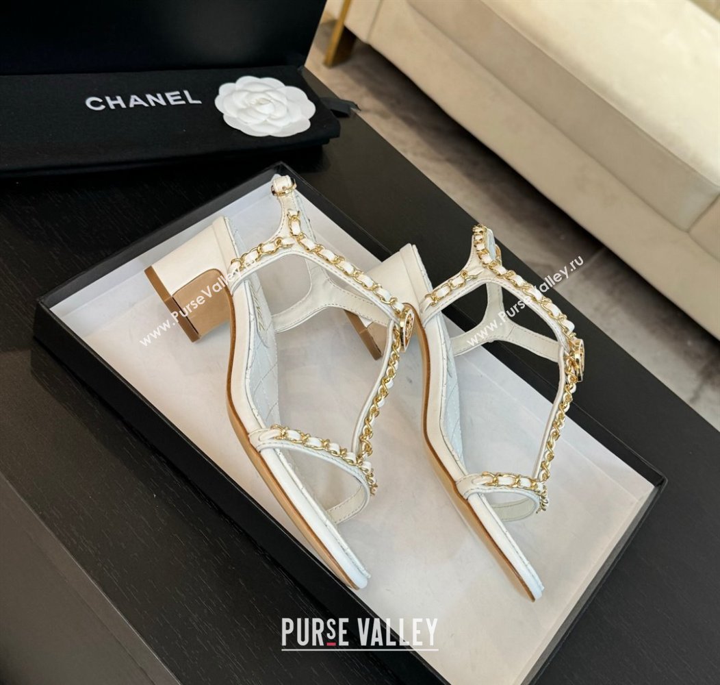 Chanel Lambskin Heel Sandals 4.5cm with Chain and Heart G46109 White 2024 (SS-240102067)