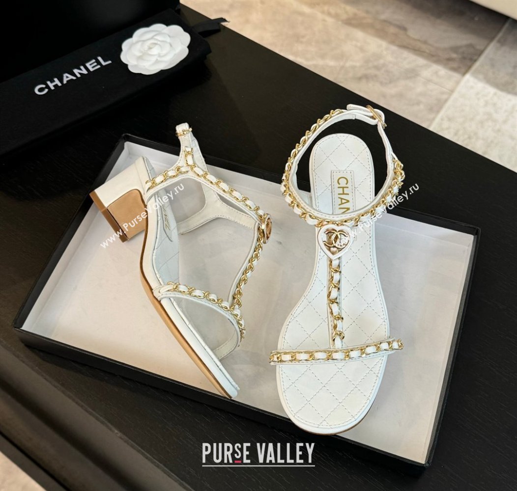 Chanel Lambskin Heel Sandals 4.5cm with Chain and Heart G46109 White 2024 (SS-240102067)