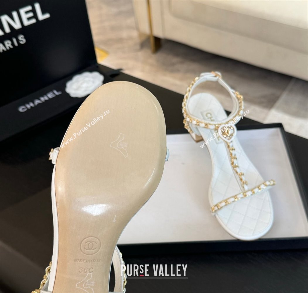 Chanel Lambskin Heel Sandals 4.5cm with Chain and Heart G46109 White 2024 (SS-240102067)