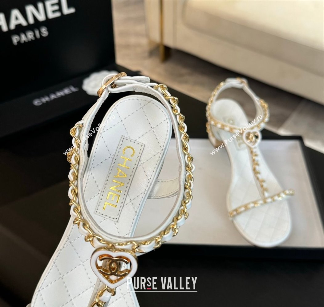 Chanel Lambskin Heel Sandals 4.5cm with Chain and Heart G46109 White 2024 (SS-240102067)