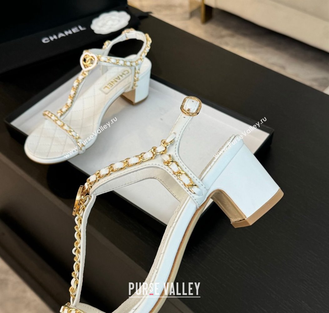 Chanel Lambskin Heel Sandals 4.5cm with Chain and Heart G46109 White 2024 (SS-240102067)