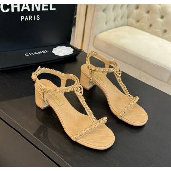 Chanel Lambskin Heel Sandals 4.5cm with Chain and Heart G46109 Beige Yellow 2024 (SS-240102068)
