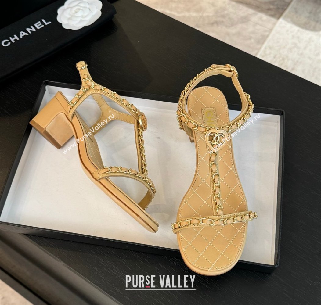 Chanel Lambskin Heel Sandals 4.5cm with Chain and Heart G46109 Beige Yellow 2024 (SS-240102068)