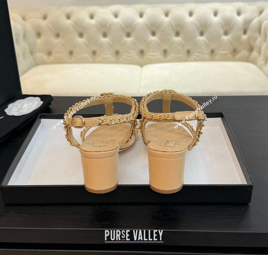 Chanel Lambskin Heel Sandals 4.5cm with Chain and Heart G46109 Beige Yellow 2024 (SS-240102068)