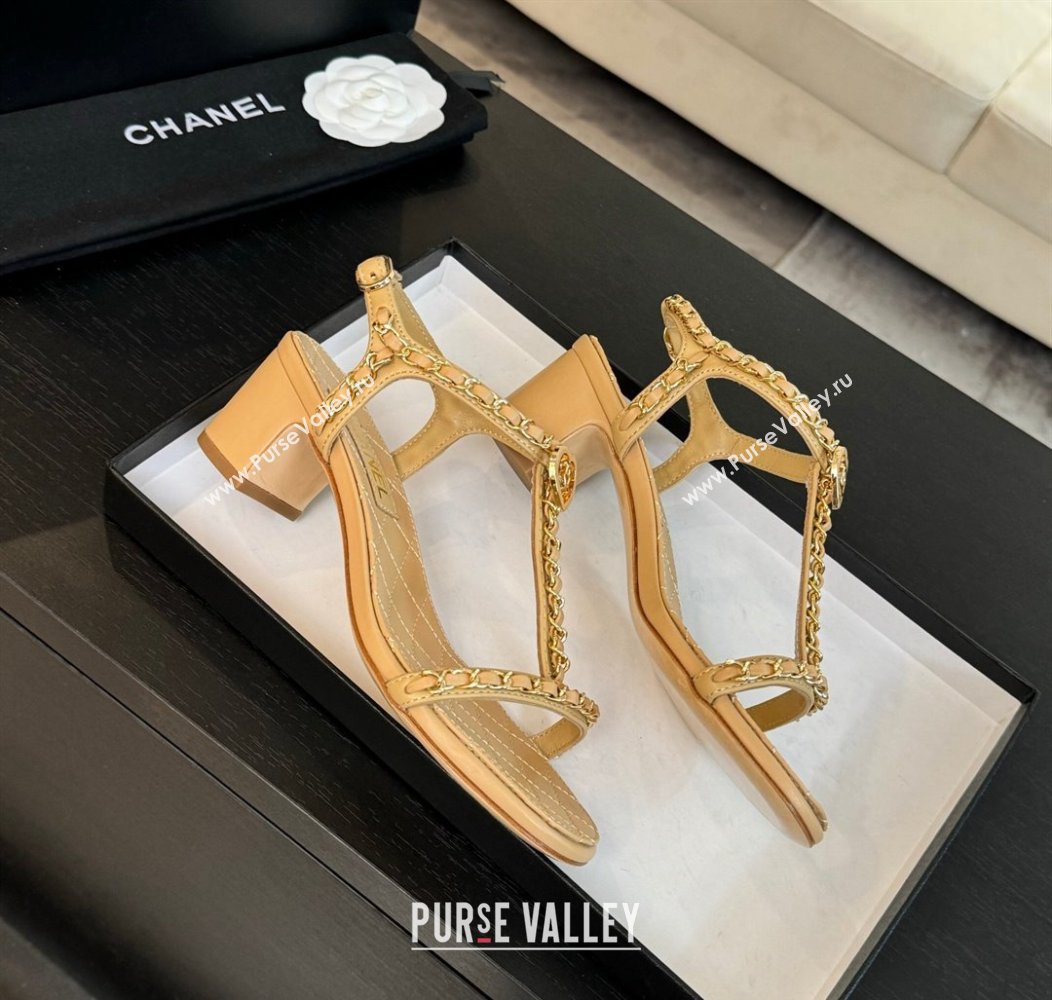 Chanel Lambskin Heel Sandals 4.5cm with Chain and Heart G46109 Beige 2024 (SS-240102068)