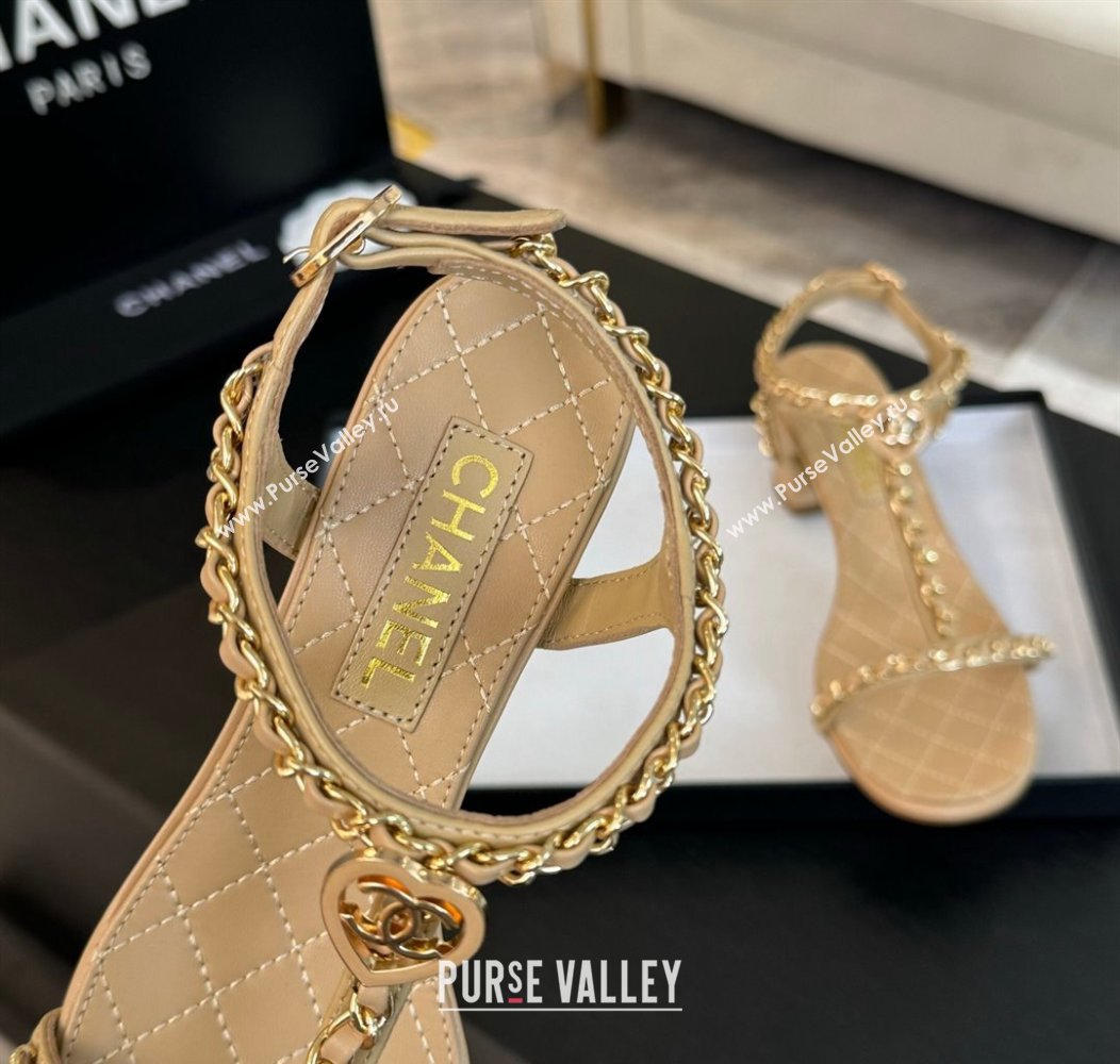 Chanel Lambskin Heel Sandals 4.5cm with Chain and Heart G46109 Beige 2024 (SS-240102068)