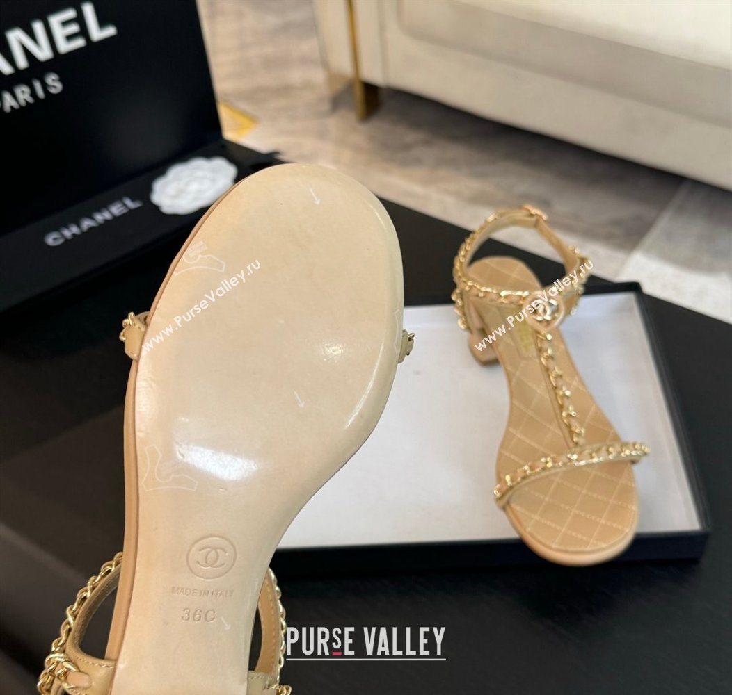 Chanel Lambskin Heel Sandals 4.5cm with Chain and Heart G46109 Beige 2024 (SS-240102068)