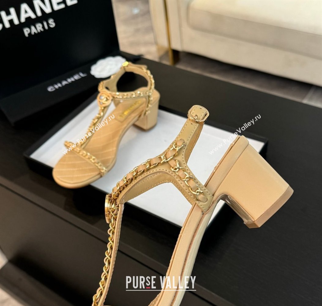 Chanel Lambskin Heel Sandals 4.5cm with Chain and Heart G46109 Beige 2024 (SS-240102068)