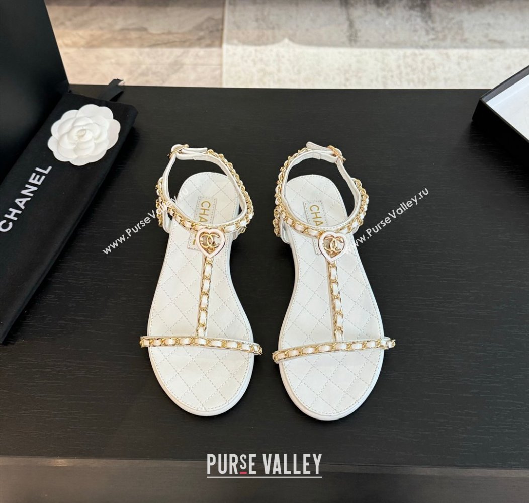 Chanel Lambskin Flat Sandals with Chain and Heart G46111 White 2024 (SS-240102069)