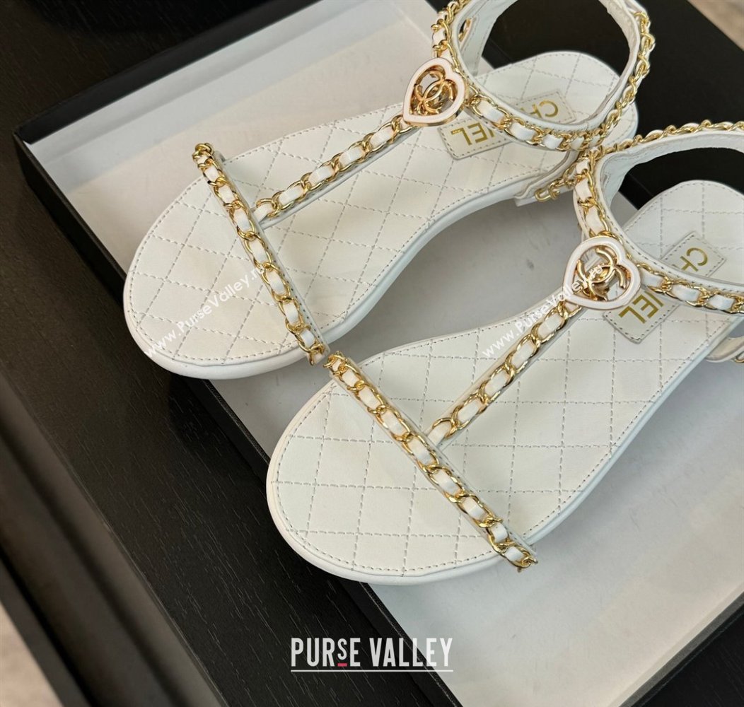 Chanel Lambskin Flat Sandals with Chain and Heart G46111 White 2024 (SS-240102069)