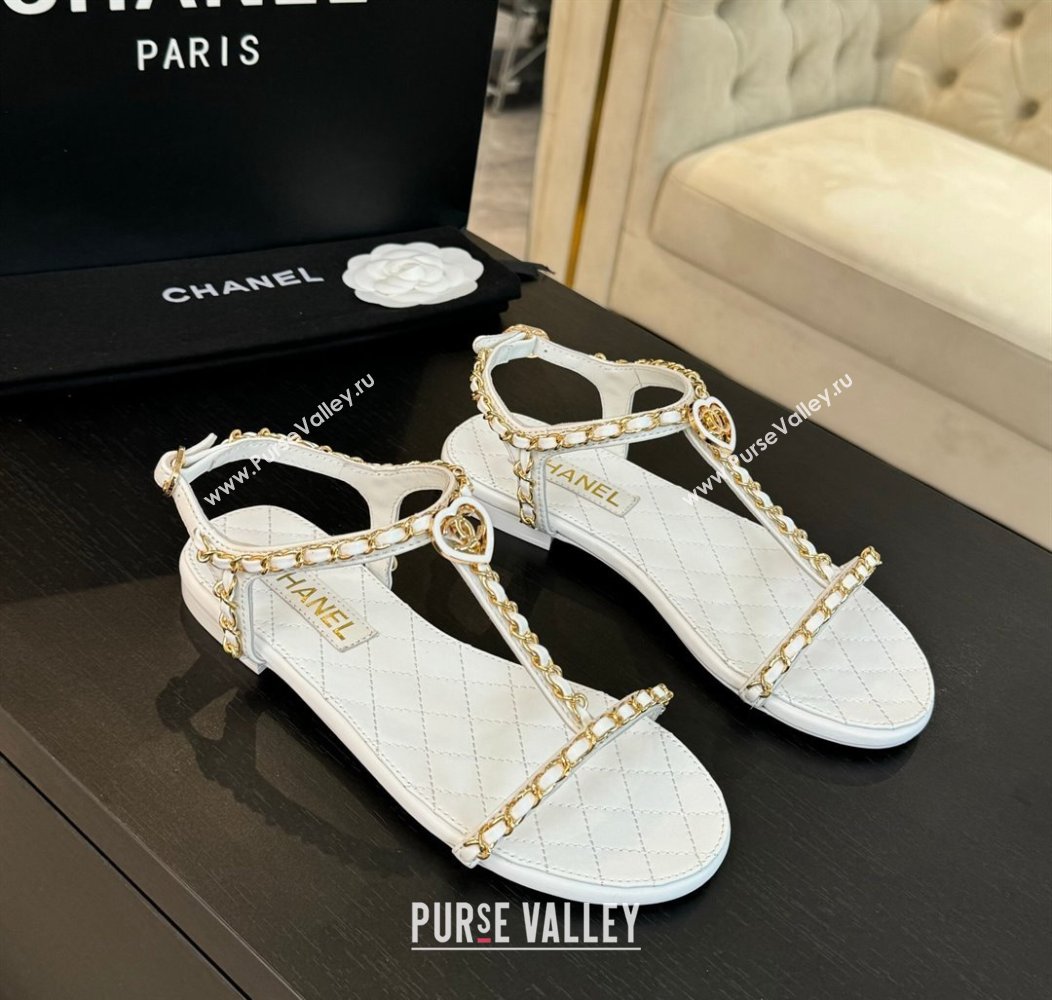 Chanel Lambskin Flat Sandals with Chain and Heart G46111 White 2024 (SS-240102069)