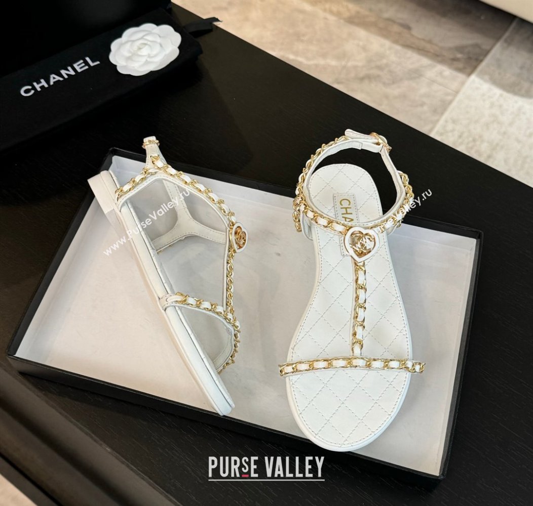 Chanel Lambskin Flat Sandals with Chain and Heart G46111 White 2024 (SS-240102069)