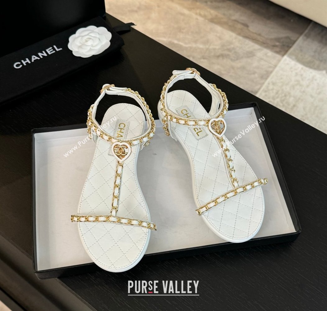 Chanel Lambskin Flat Sandals with Chain and Heart G46111 White 2024 (SS-240102069)