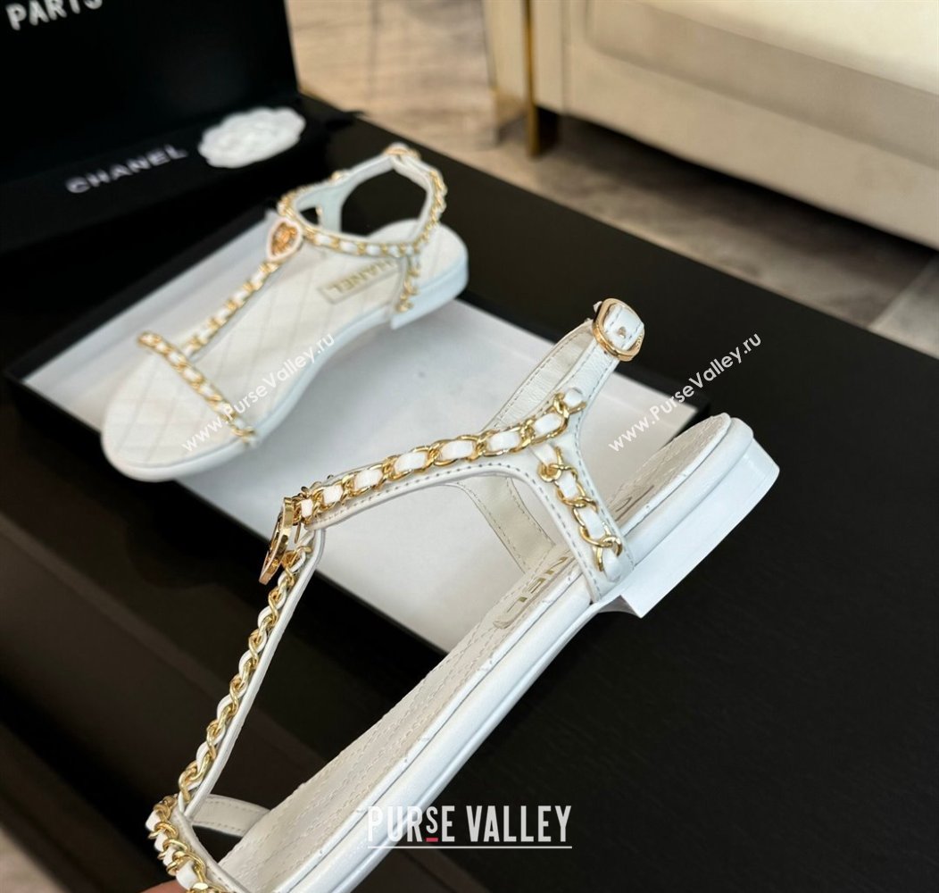 Chanel Lambskin Flat Sandals with Chain and Heart G46111 White 2024 (SS-240102069)